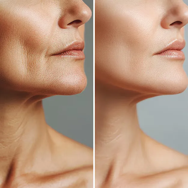 نتائج شد الوجه من التجاعيد قبل وبعد الإجراء لشد البشرة وتحسين مظهر الخطوط الدقيقة